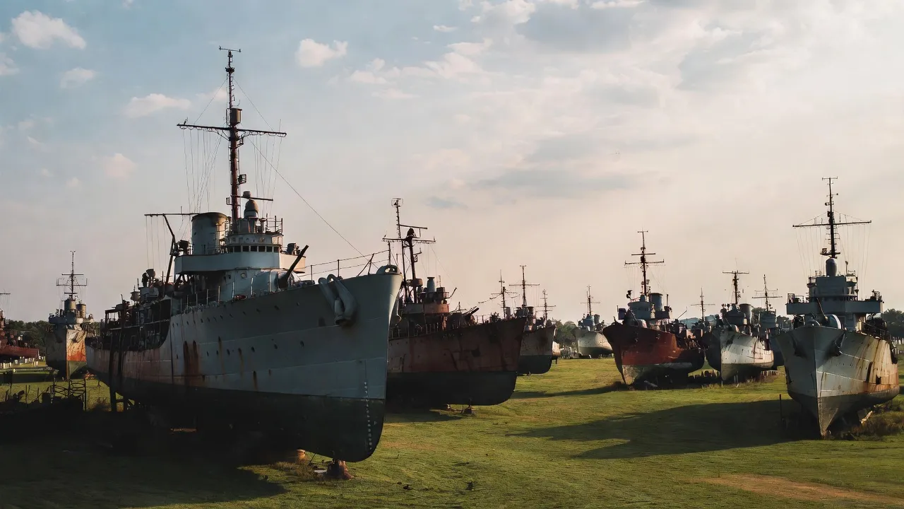 Rows of decommissioned warships beached on a grass field, hulls rusting under a pale sky.