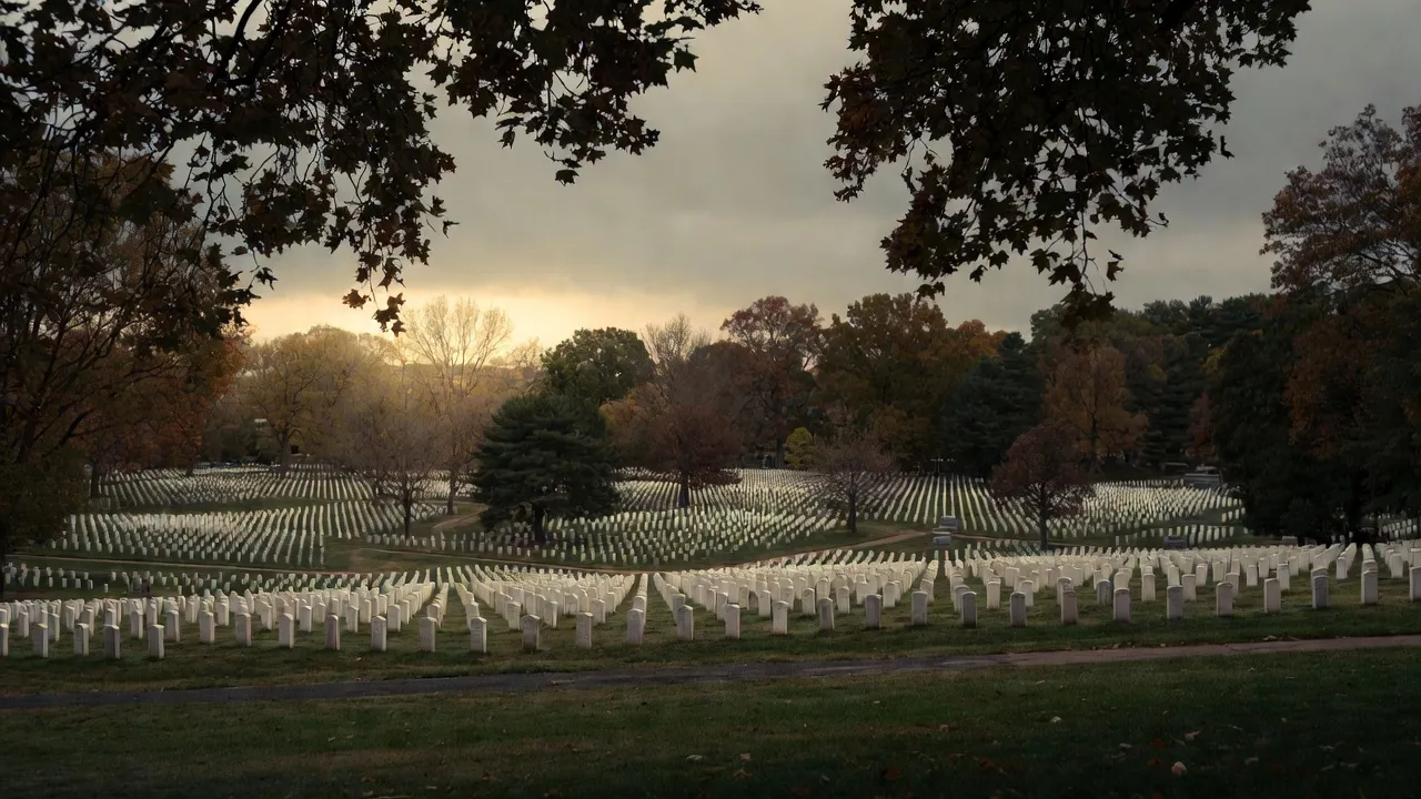 A military cemetery at dusk, rows of white headstones stretching into the distance under autumn trees.