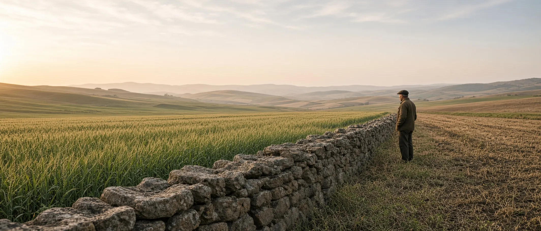 A dry stone wall runs across rolling farmland at golden hour, dividing a green wheat field from a bare, ploughed one. A man in a flat cap stands beside the wall, looking out toward distant hills.