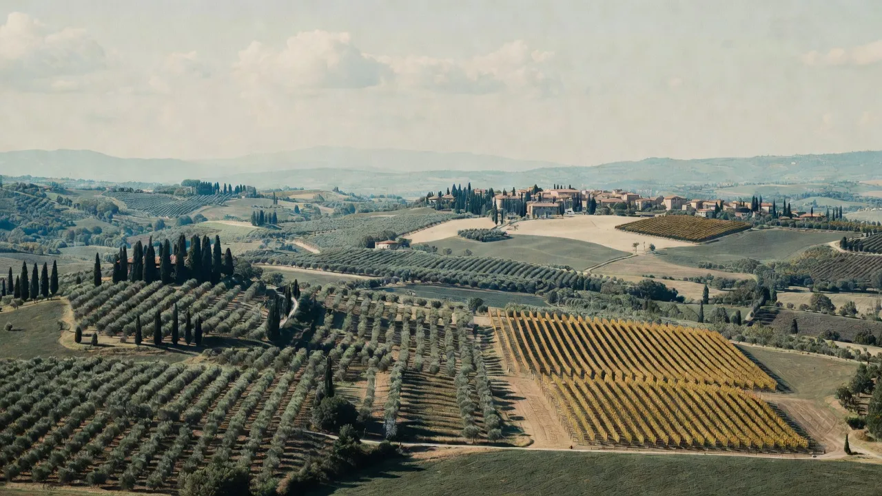 Tuscan landscape with olive groves, vineyards, and a hilltop village in the distance.